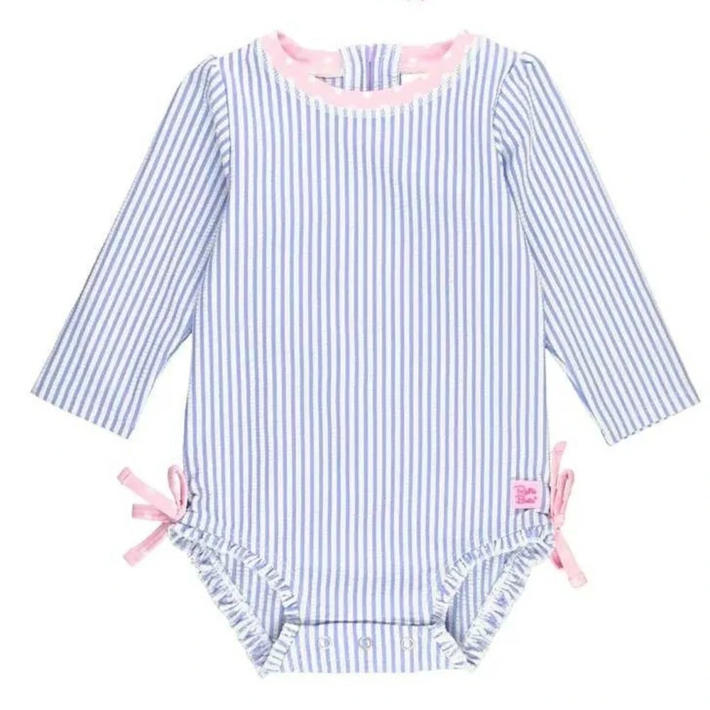 RuffleButts Baby Girls 6-12M Seersucker One-Piece Long Sleeve Rashguard Swimsuit